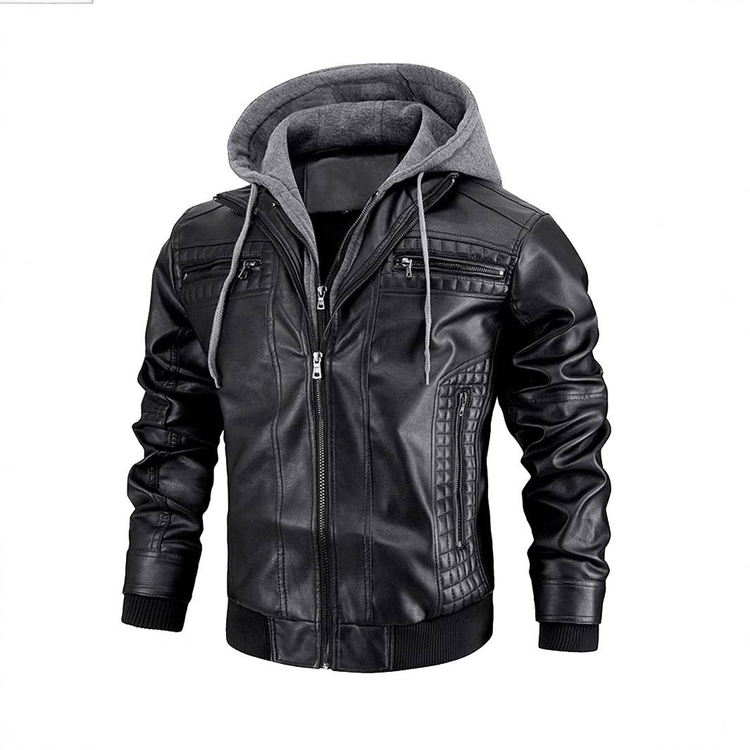 7be5c9e8-381d-44d9-b793-59f14e52b4d5.jpg Bomber Lerenjack Met Capuchon Voor Heren - Afbeelding 1